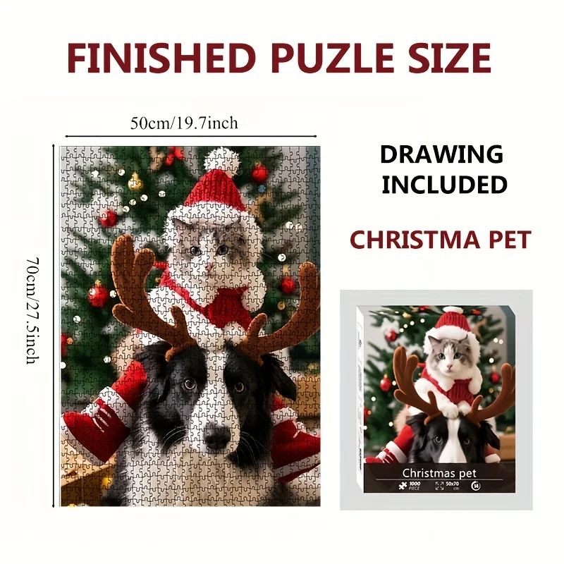Premium 1000-Piece Christmas Jigsaw Puzzle - Festive Kittens & Puppies Large 70x50cm (27.5x19.7 Inches) for Adults