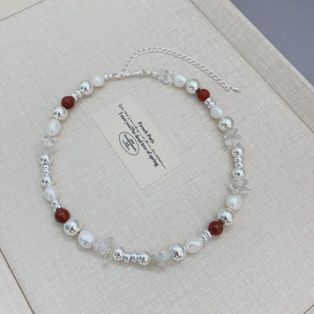 Statement Niche Design Retro Cultured Pearl Rosewood Irregular Clear Stone Hand-beaded Temperament Necklace Bracelet for Women