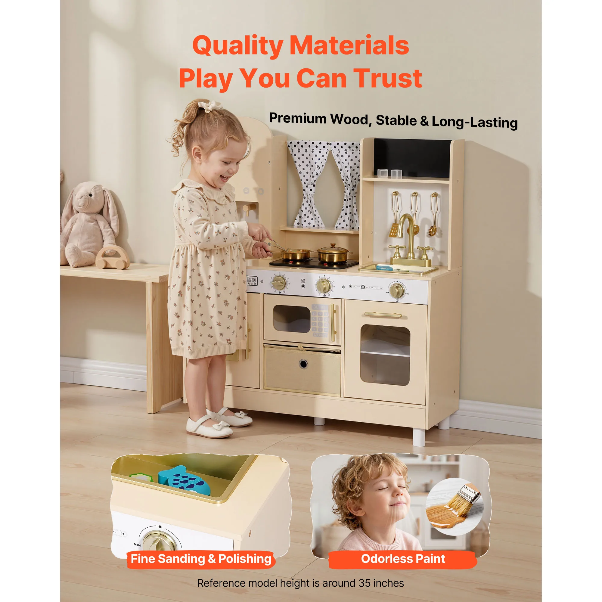 Play Kitchen for Kids, Girls & Boys Ages 3-8, Wooden, Kids Kitchen Playset with Realistic Lights & Sounds, Food & Cookware, Modern Style Pretend Play Toy Set, Ice Maker, Microwave