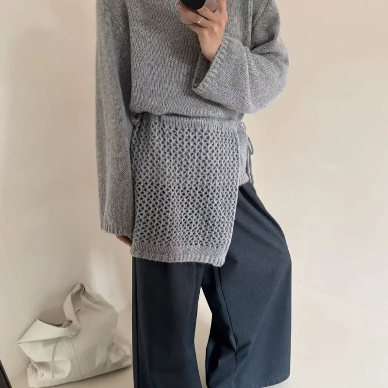 

Осень 2022, новый корейский свободный универсальный однотонный вязаный свитер с круглым вырезом и длинными рукавами, наклонными плечами, комплект из двух предметов