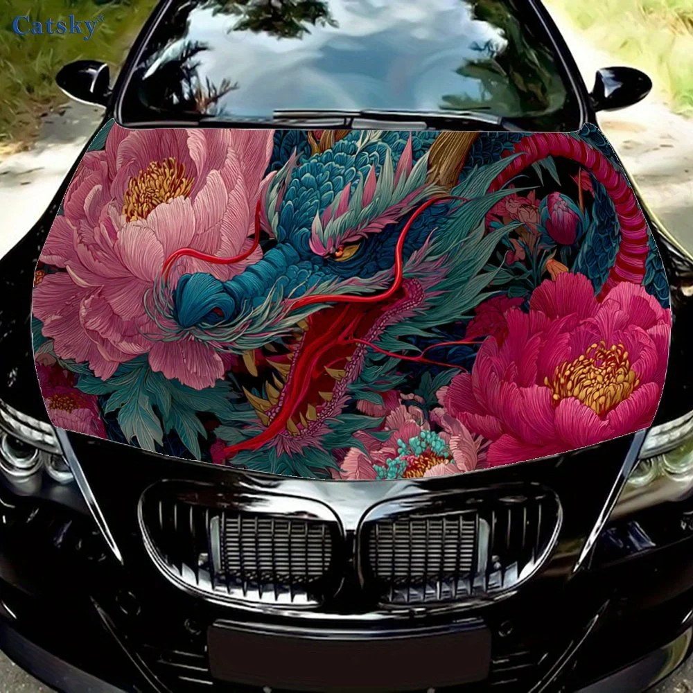 

Dragon & Peony Car Vinyl Wrap, PVC Waterproof Car Hood Sticker, Self-Adhesive Scratch-Resistant Stickers for Engine Cover, Car D