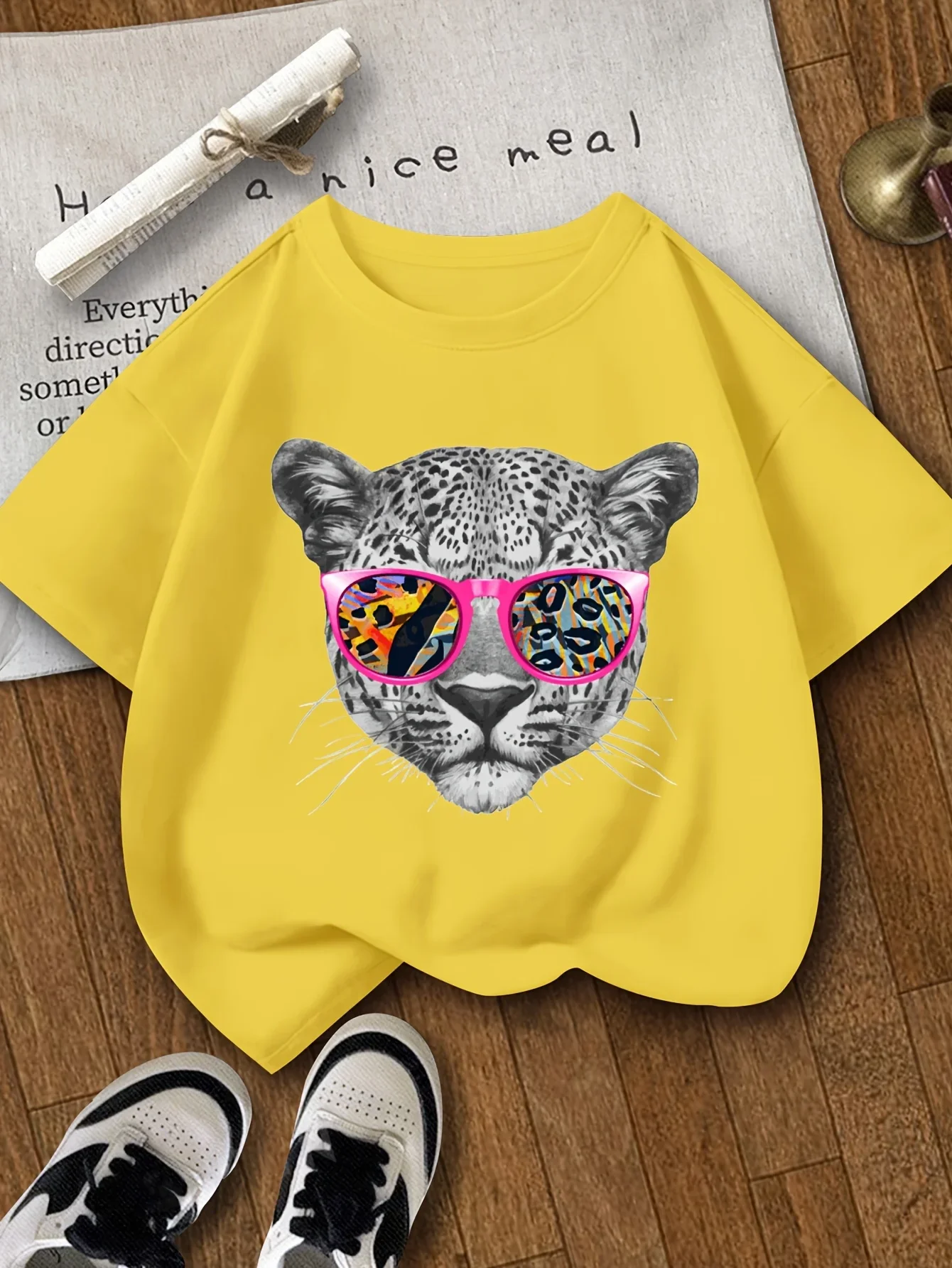 Girls' Colorful Leopard Face Print T-Shirt Soft Crew Neck Short Sleeve Summer Casual Top Playful Charm for Ages 3-14