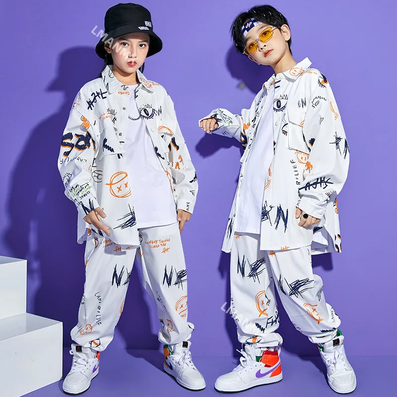 Kid Cool Kpop Hip Hop Roupas, Camisa branca estampada, Brasão Top, Streetwear, Calças de moletom Jogger, Menina, Menino, Traje de dança Jazz, Roupas