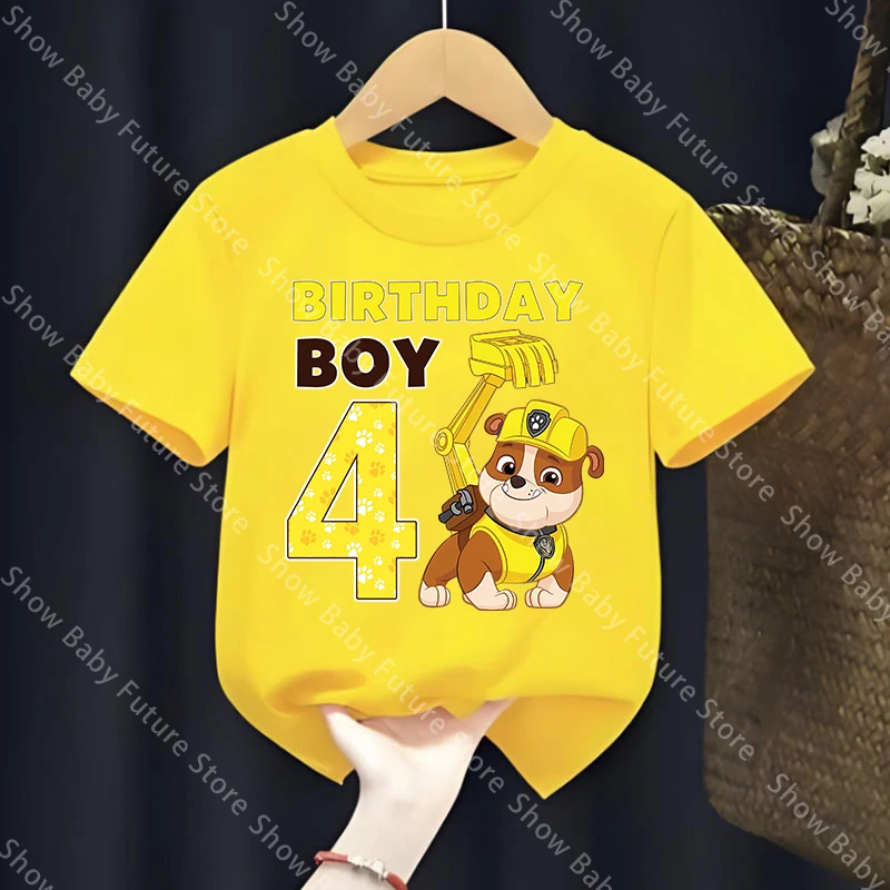 Gelbes Baumwoll-T-Shirt für Jungen und Mädchen mit Cartoon-Motiv, Niedliches Paw Patrol Rubble Sommer-Geburtstags-Zahlen-T-Shirt, Anime-Oberteil