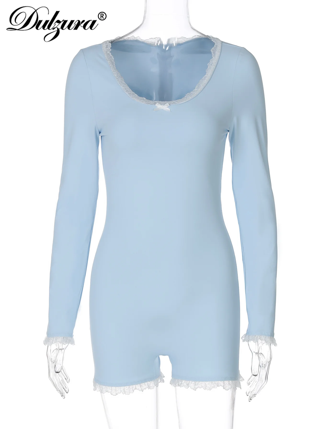 Dulzura س الرقبة طويلة الأكمام سليم سستة الدانتيل الكشكشة المرقعة بذلة قصيرة المرأة مثير عادية رومبير نادي الحفلات الشارع الزي