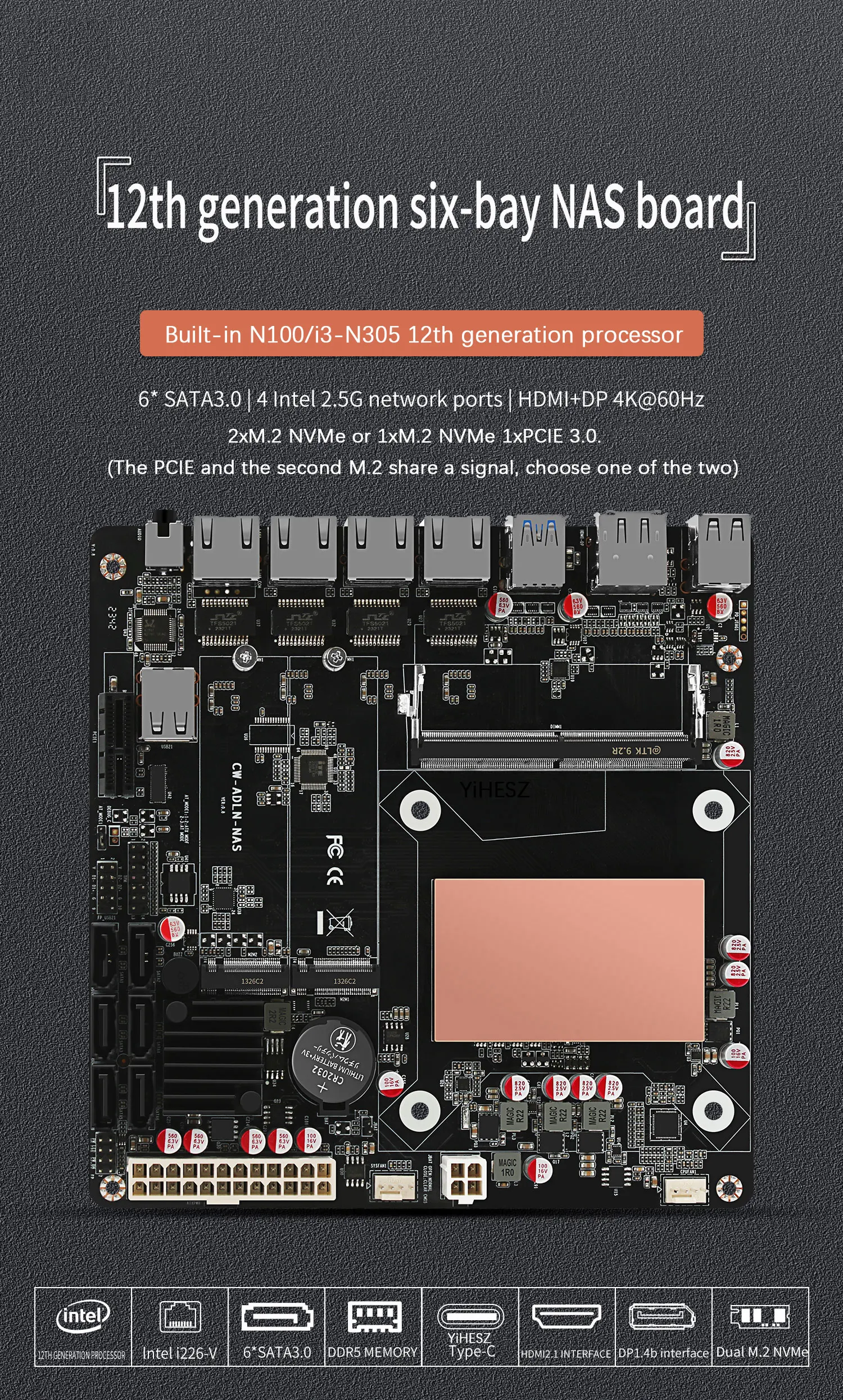 N100/N150 6 Bays NAS Motherboard 4x 2.5GNetwork Card 6x SATA3.0 2x