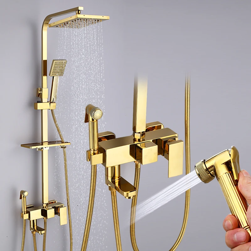 Gold Bathroom Shower Set Stainless Steel Hot & Cold Bath Mixer Faucet Complete Bathroom Fixture with 10 Inch Rain Shower Head
