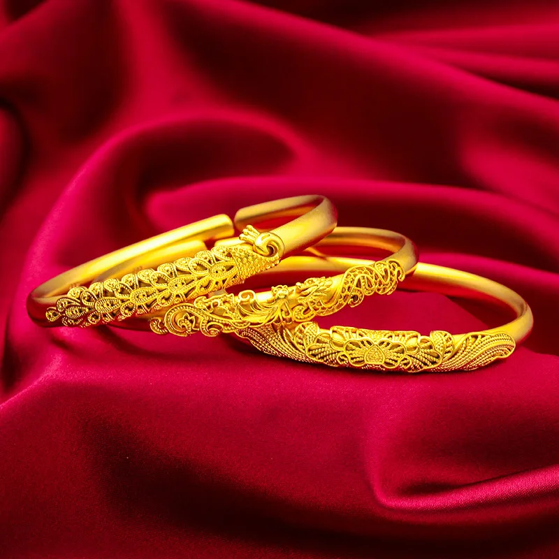 Ins Chinese Gold Bracelet! 24K Gold AU999 Women's, Hollow Peacock Feather + Matte Lotus Dragon, Open Fit Eye-Catching