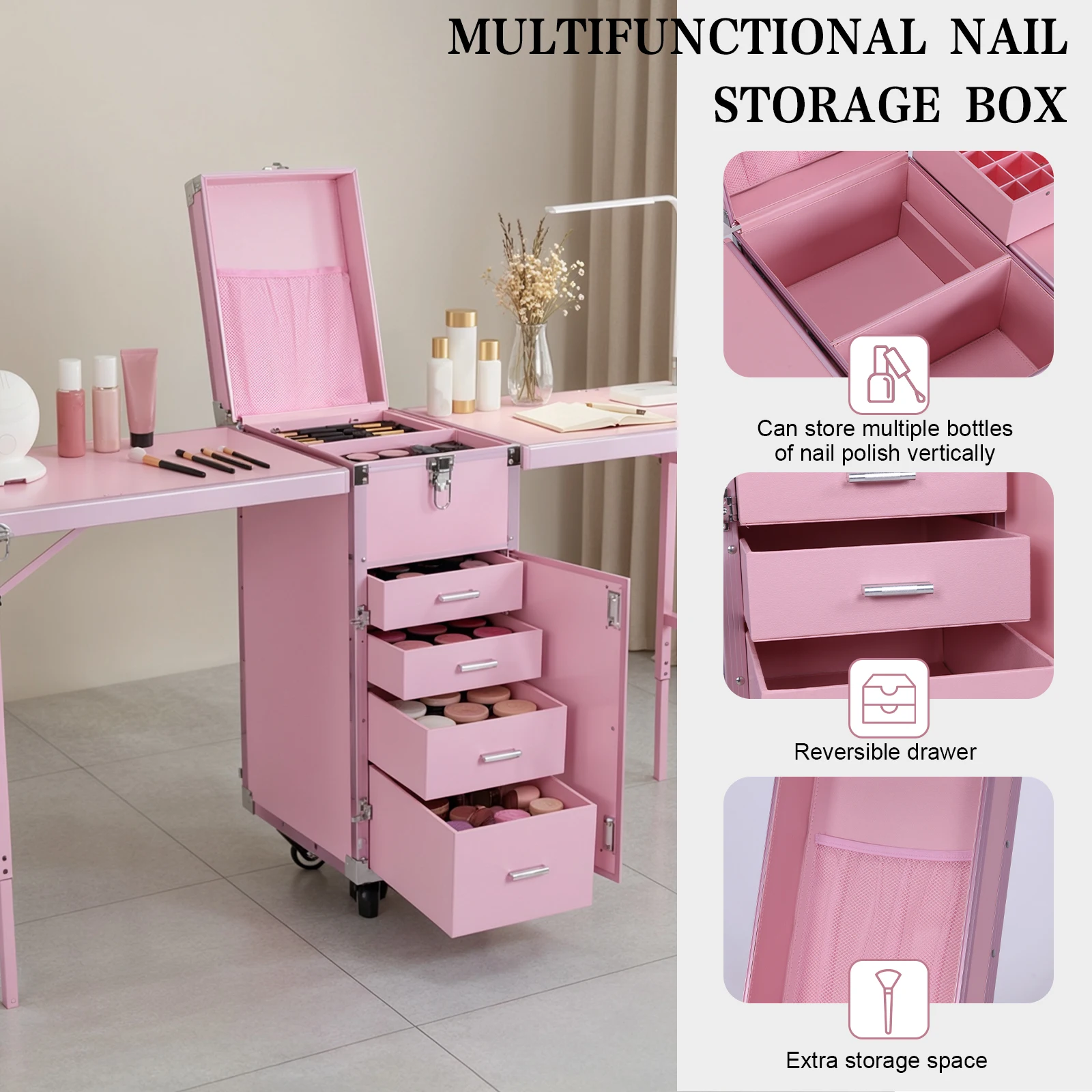

Foldable Rolling Manicure Table with Wheel & Drawers 2 Desktop Cosmetic Trolley Organizer Large Capacity for Nails Tech & Salon