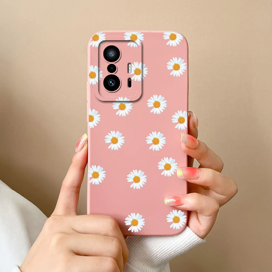 Xiaomi 11T Pro 소프트 액체 실리콘 업그레이드 렌즈 보호용 꽃 케이스 Mi 11 T 11TPro 범퍼 용 전화 뒷면 커버