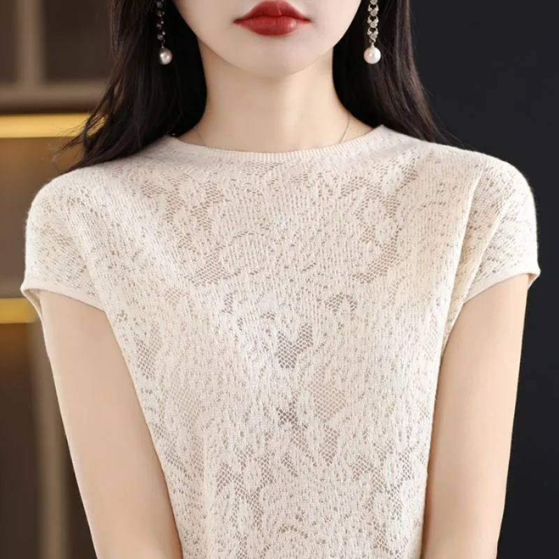 Spring and Summer Women\'s 2024 Pullover Round Neck Spliced Hollow Hook Lace Versatile Fashion Elegant Slim Fit Short Sleeve Tops