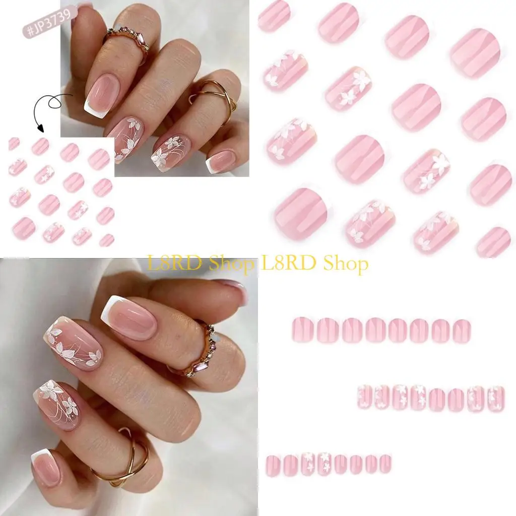 

L8RD 24Pcs Glossy Flower Press on Spring False French Tip Square on N