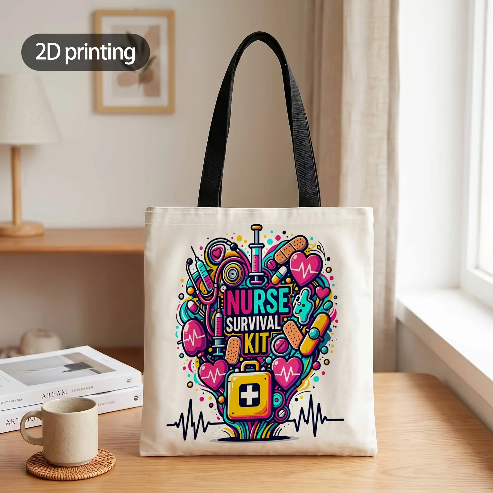 2D Printed Handbag with Nurse Survival Kit Pattern, Reusable Fashion Shoulder Bag Shopping Tote Bag Suitable for Shopping Office
