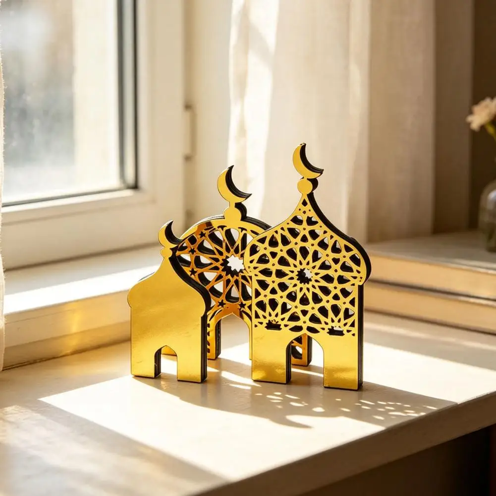 Home Ornaments Eid Mubarak Decorations 3pcs Ramadan Golden Castle Ornaments Hollow Mosque Desktop Accents Thick Wood for Home