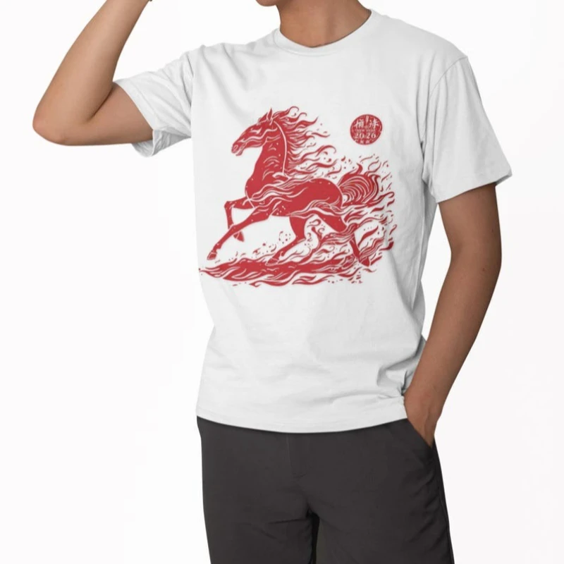 Chinese Zodiac Horse Lunar New Year Fire Unisex T-shirt Hipster Street Fashion All-match Graphic Tshirts Crewneck Casual Style