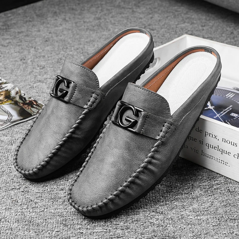 Leather Mules Sandals Men Casual Shoes Summer Man Slides Slip-On Backless Loafers Slippers Half Shoe For Men Mule Masculino