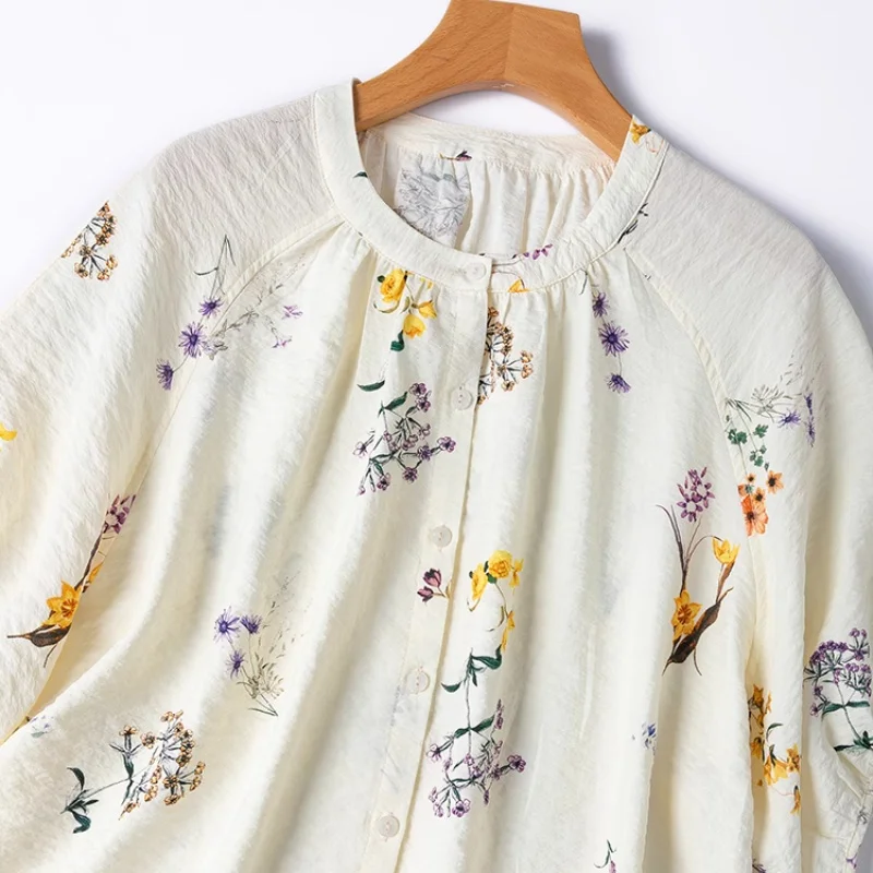 Birdtree Summer 76% Mulberry Silk 24% Nylon Tshirt, Women dry silk Half Sleeve O-neck Printing Straight Shirt, 2025 New T56313JF