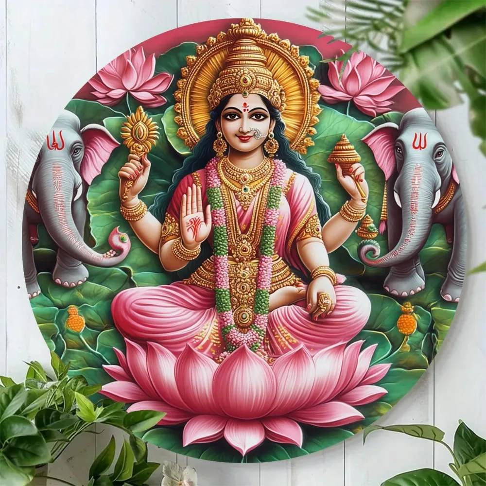 RoundLakshmiLotusWallPlaque Lakshmi Goddess Sitting on Lotus 2D Aluminium Decor – Runde kreisförmige Plakette, festliches Wandschild