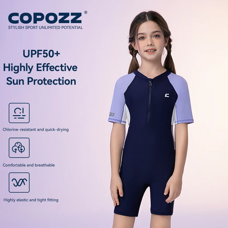 COPOZZ Solid Kids Swimwear Girls Summer One-piece Slim Quick-drying Swimsuit Fashion Zipper Short Sleeve Children Beachwear ﻿
