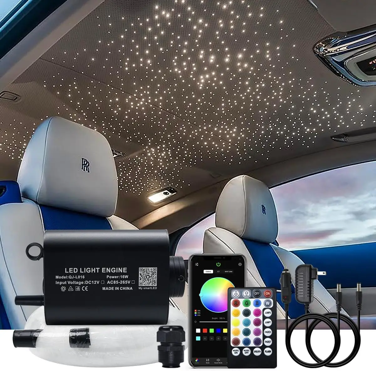 

Комплект оптоволоконной подсветки 16W Starlight с управлением через приложение и радиоуправлением, RGBW, активируемый музыкой, для дома и автомобиля