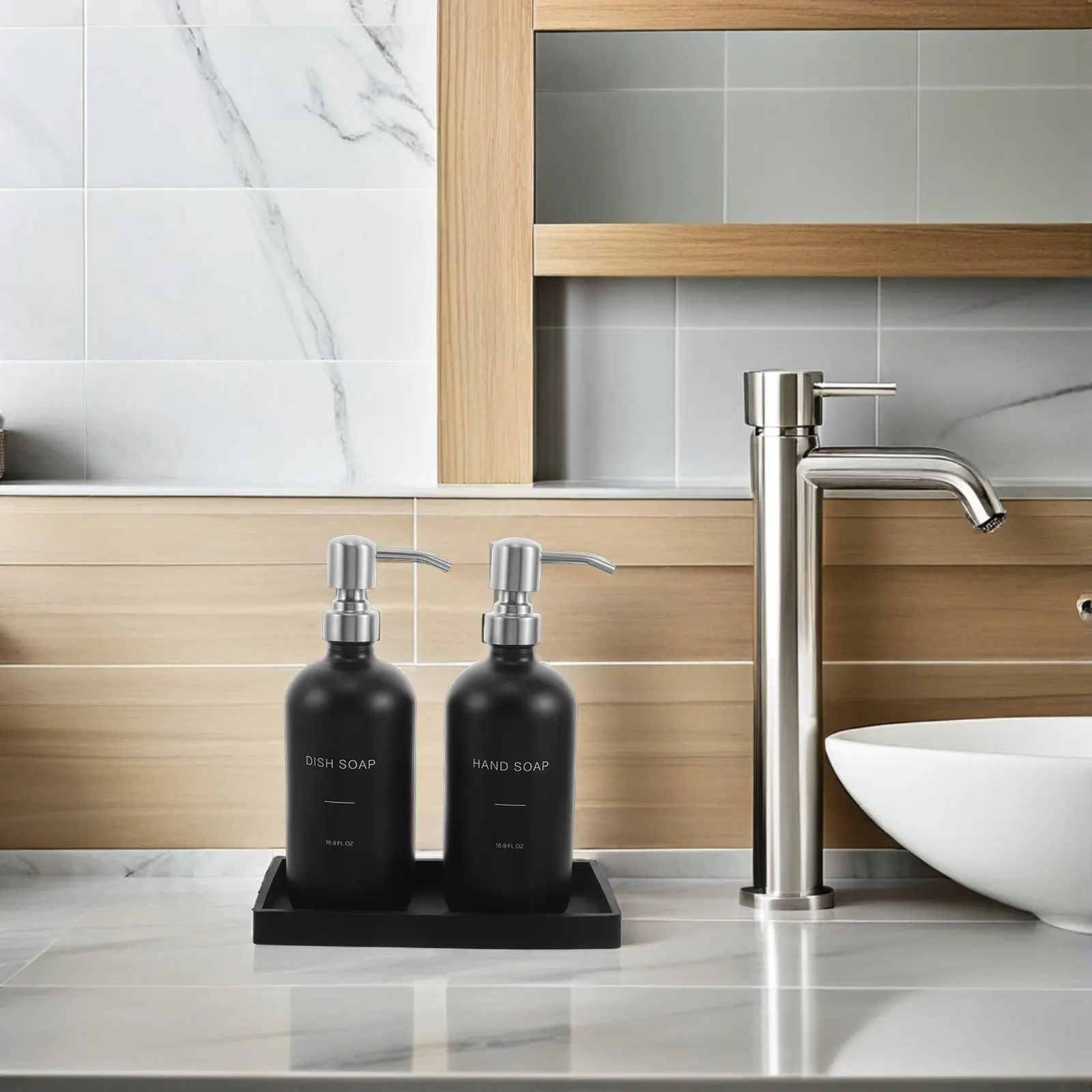 1Set Glass Soap Dispenser Set 500Ml 16.9oz Refillable Leakproof Hand Dish Soap Bottle Kitchen Sink Bathroom Pump Tray