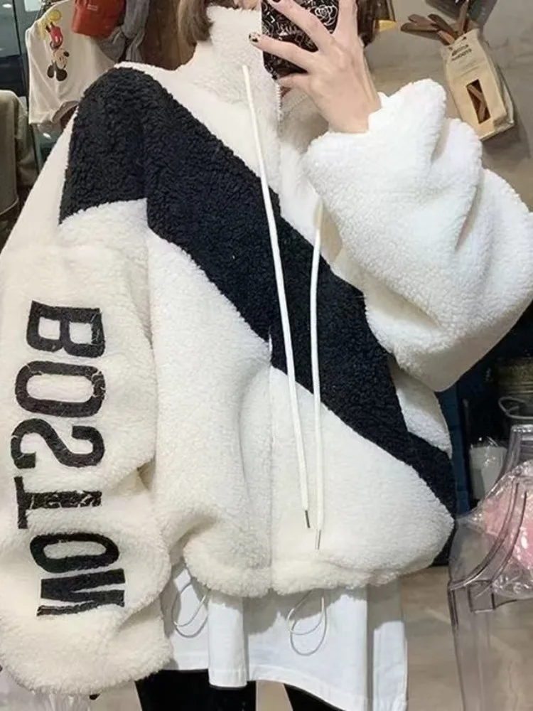 

Lamb Fur Jaet Women's Loose Stand Collar Thiened Warm Letter Print Cotton Coat for Autumn Winter Casual Street Sle