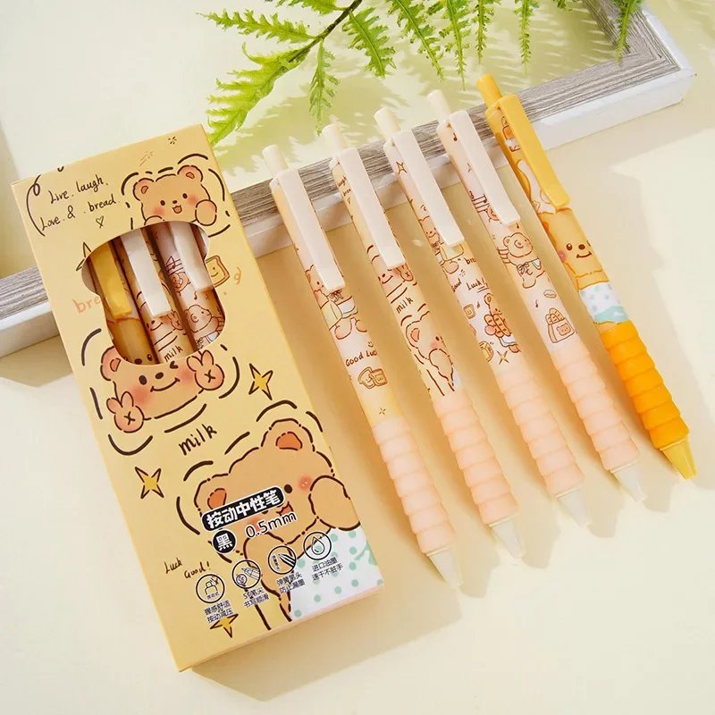 5pcs/set Kawaii Cartoon Teddy Bear Gel Pen Do Homework Examination Quick-dry Smooth The 0.5 Mm Black Push Type Student Pen