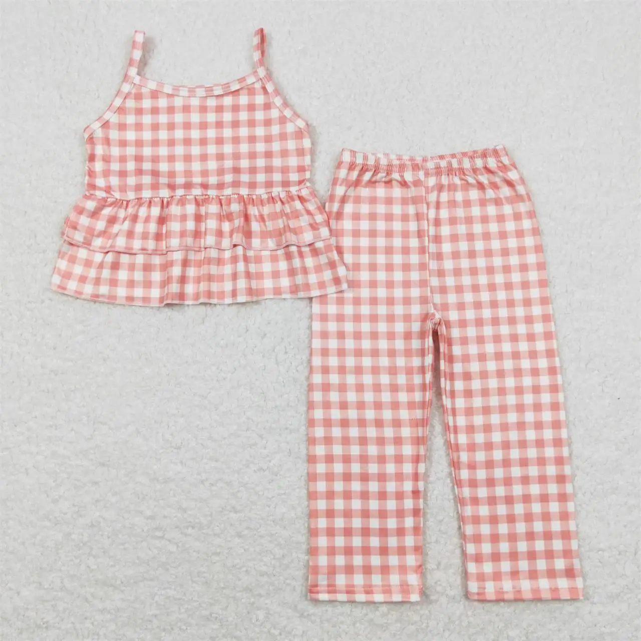 

Wholesale Kids Infant Sets Clothing Baby Girl Sleeveless Orange Plaid Tops Pants Spring Fall Children Toddler Outfit