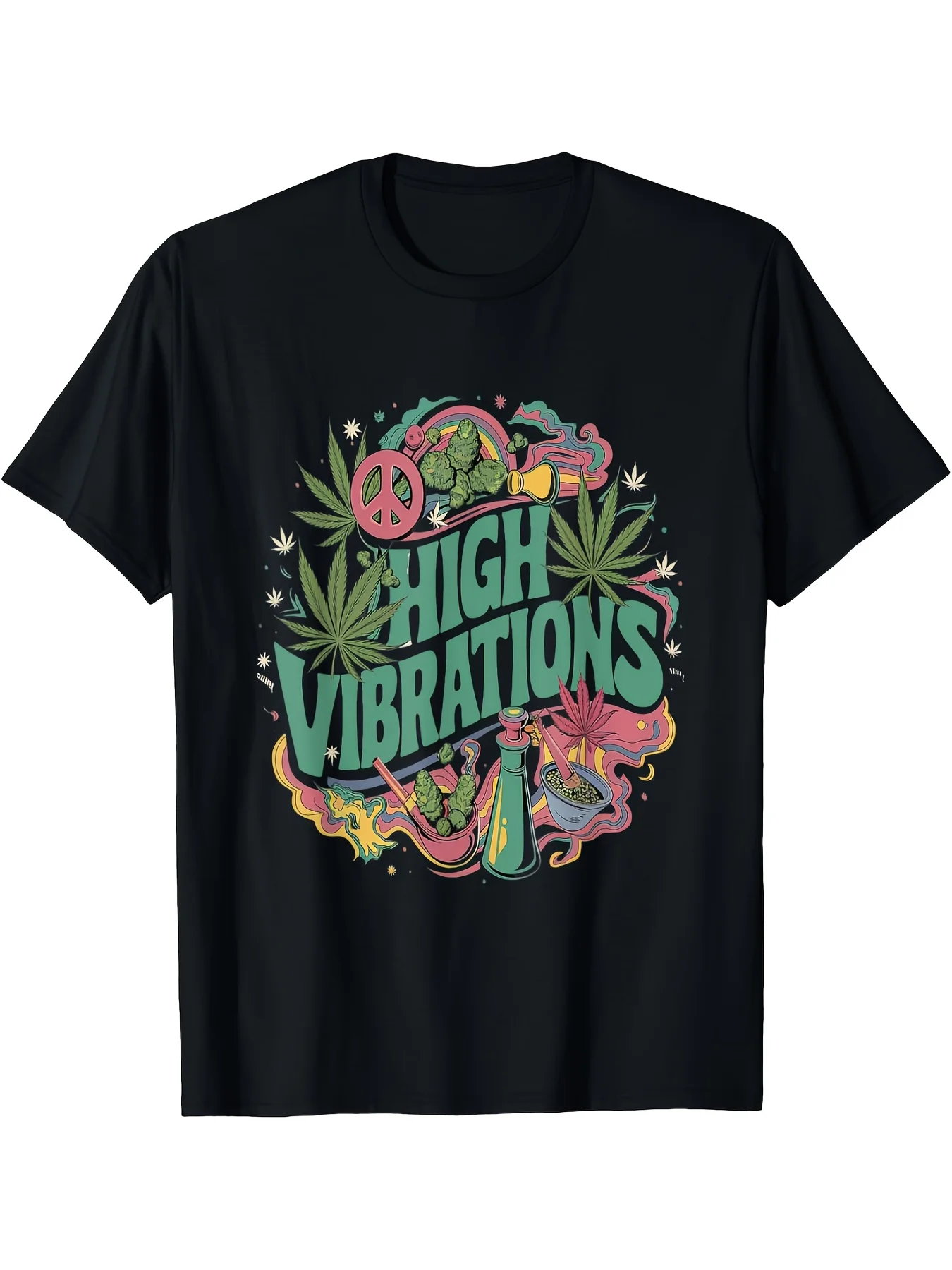 Men's 420 T-Shirt - High Vibrations Stoner Kush Weed Strain Graphic Tee with Leaf & 420 Slogan, Pure Cotton Retro Streetwear Short Sleeve Shirt for Marijuana Culture
