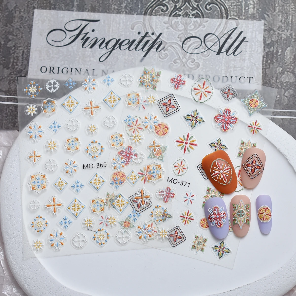 3/6 ورقة 5D تنقش الرجعية بلاط ملصقات الأظافر ، الملونة هندسية الأزهار مسمار ملصقات فنية مانيكير ، بوهو نمط مسمار الزينة