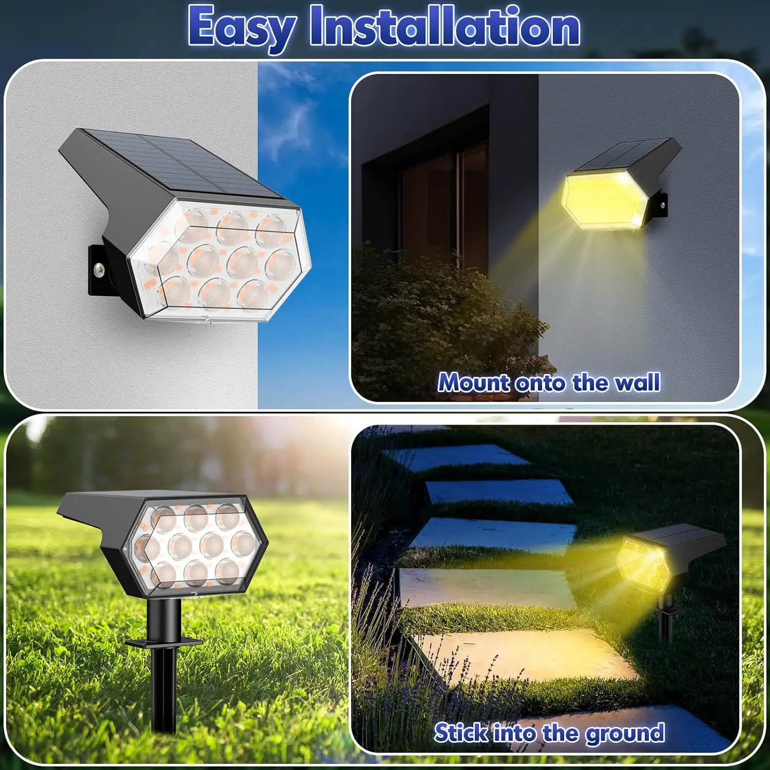 Outdoor Solar Spot Lights, IP68 Waterproof, 1000 Lumens, 3 Modes, Auto Sensor, Easy Installation (4 Pack)
