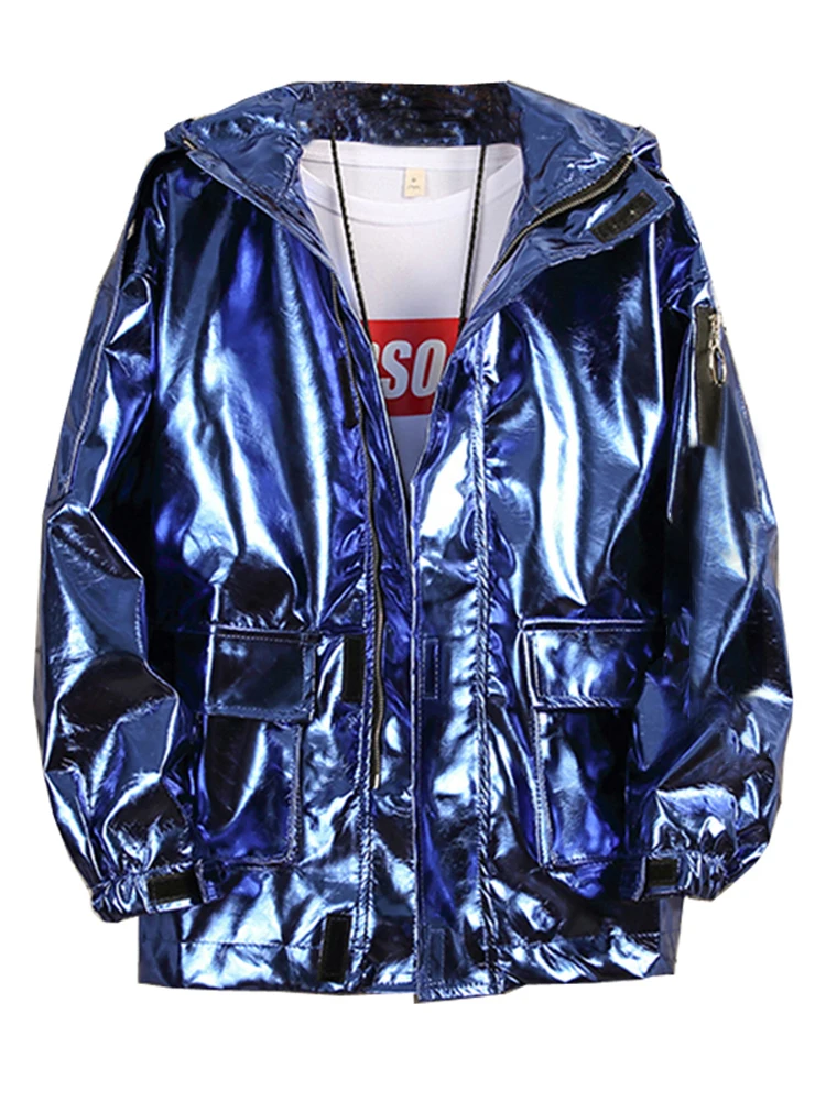 Mauroicardi Spring Autumn Shiny Reflective Faux Leather Jacket Zipper Cool Luxury Designer Windbreaker Hip Hop Clothes Men 2022