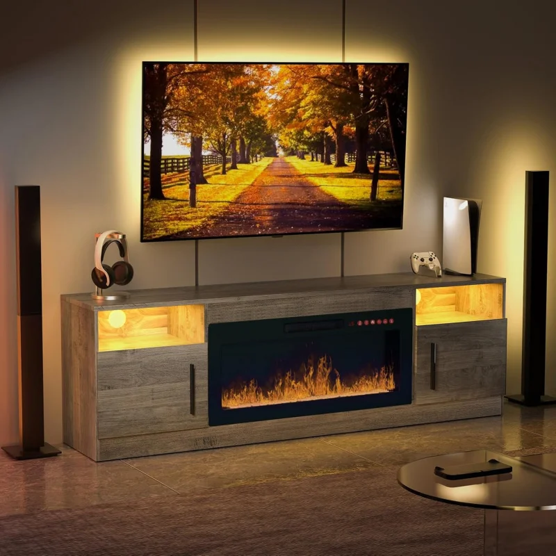 Modern 70 Inch TV Stand with Electric Fireplace and LED Lights