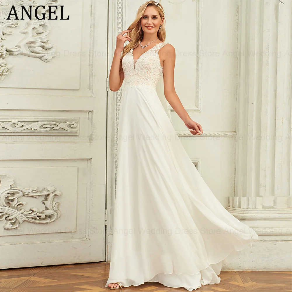 

ANGEL Chiffon Wedding Dresses for Women A-Line V-Neck Lace Applique Backless Bridal Dress 2024 Sleeveless Vestido de Novias Boda