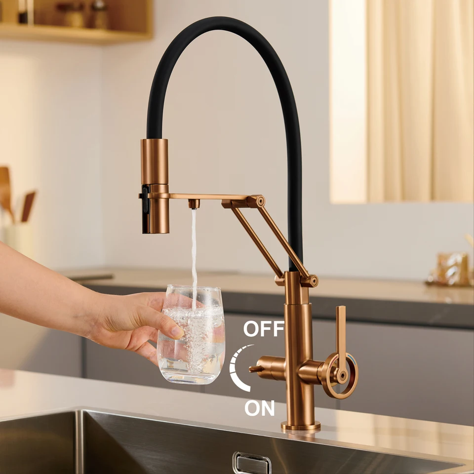 Industrial Brass Brushed Rose Gold Kitchen Faucet With Separated Filter Faucet. 1 Hole Pull-Out Hot & Cold Water Tank Mixer Tap