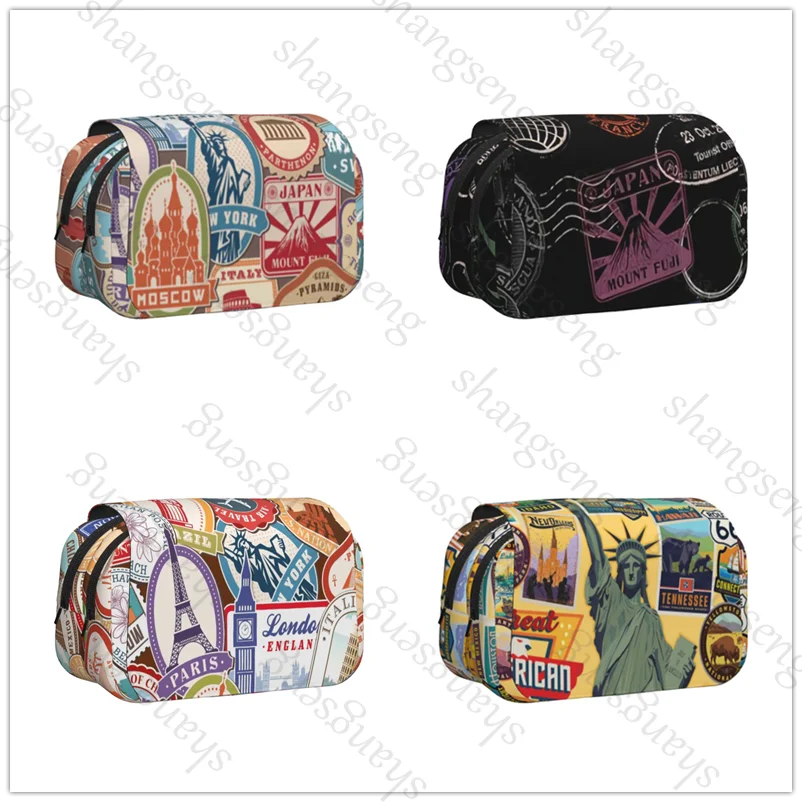 

Double Layer Flip Pencil Bag School Supplies Children's Pencil Box Storage Cosmetic Bag Gift USA landmark stickers