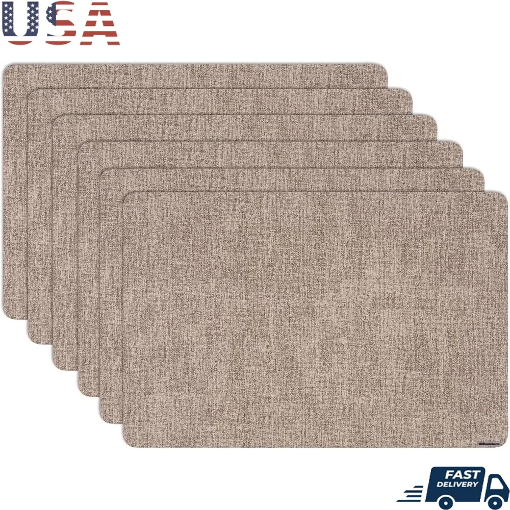 

Durable Vinyl Table Placemats Set of 6 Elegant Beige Kitchen Dining Table Mats Edge Wrapped Easy Clean