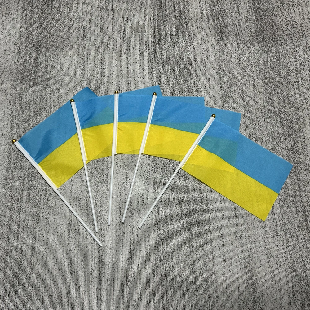 Ukraine National Flag 21*14cm 100pcs/pack polyester flag hand waving flags with Plastic Flagpoles for decoration