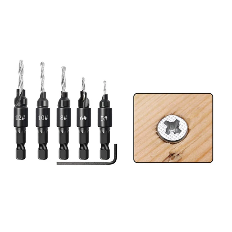 14 Pcs Wood Plug Hole Cutter Chamfered Plug Cutter Drill Bits Five-Slot Countersink Drill 1/4 Inch Hex Spanner Tool Set