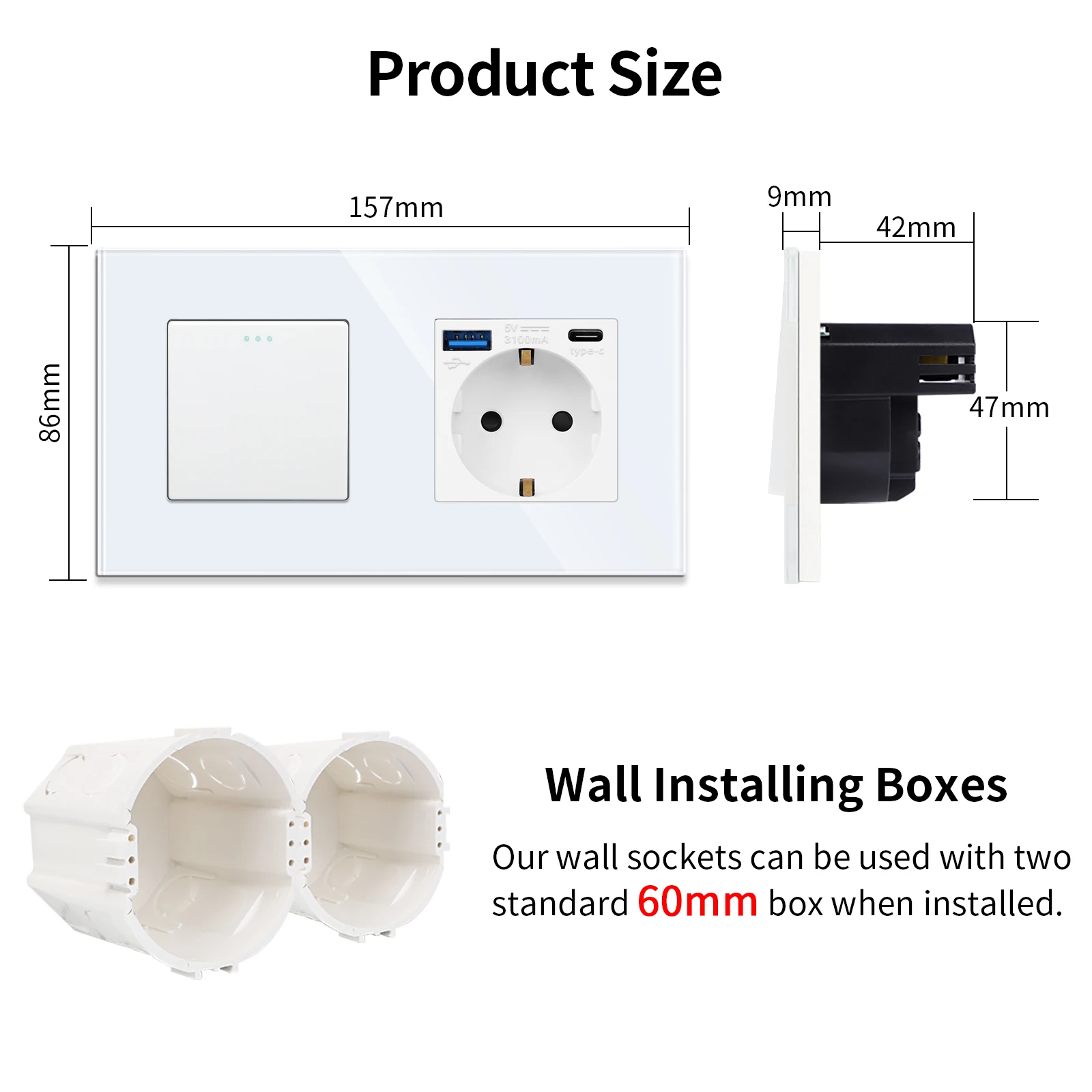 Bingoelec USB Type-C Electrical Sockets and Button Switches EU RU Standard 1gang 1/2way Light Switches with Crystal Glass Panel