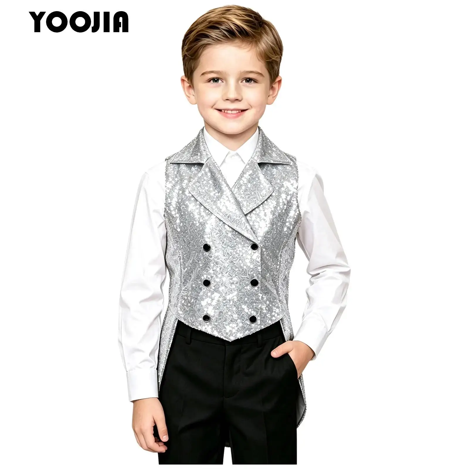 Boys Sleeveless Sequin Tailcoat Vest Children Sparkly Wedding Party Waistcoat Jackets Outerwear Gentleman Magic Shows Costume