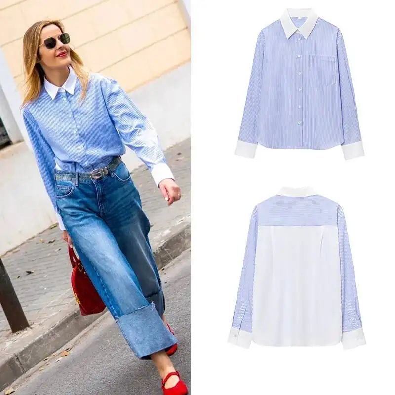 

Autumn 2025 New Blouses Chic Striped Color Matching Elegant Women's Street Fashion Joker Youth Shirts Tops
