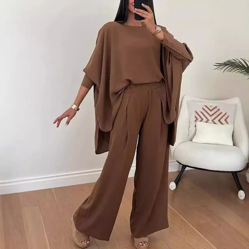 Conjunto de pantalones de calle informales holgados con diseño de manga de murciélago y cuello redondo para primavera y otoño 2025, Color sólido, 2025