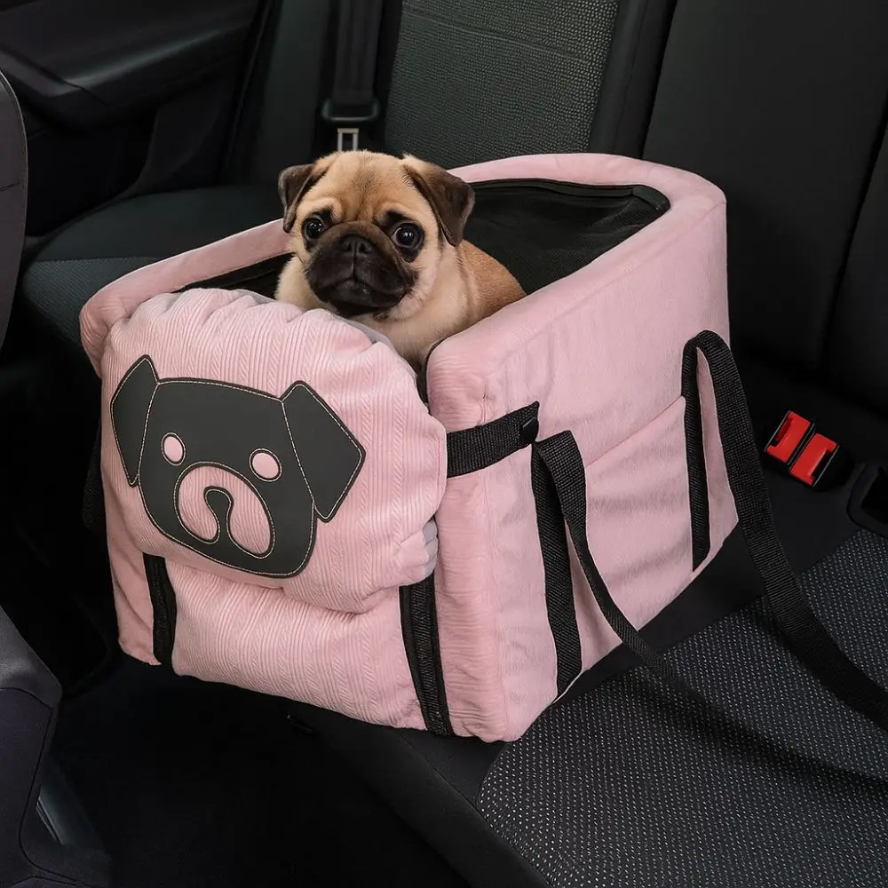 

Cute Large Capacity Pet Car Seat Adjustable Harness Breathable Car Safety Seat Foldable Car Armrest Box Car