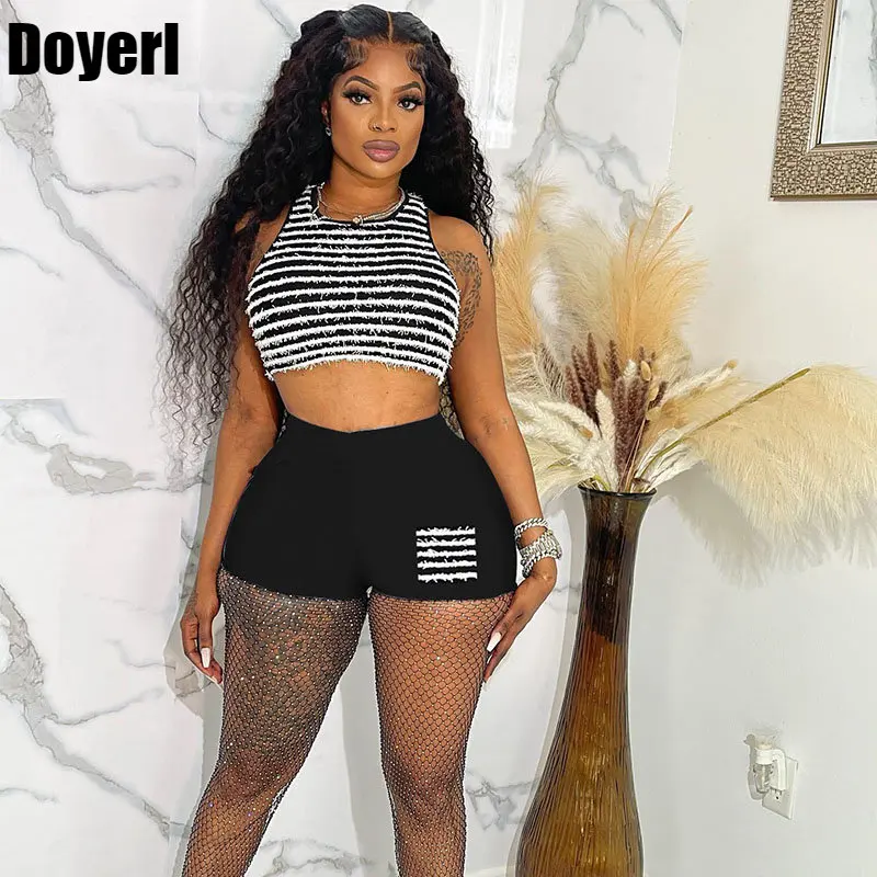 

Женский спортивный костюм в полоску, летний костюм с укороченным топом и велосипедными шортами, спортивный костюм для фитнеса, повседневная одежда