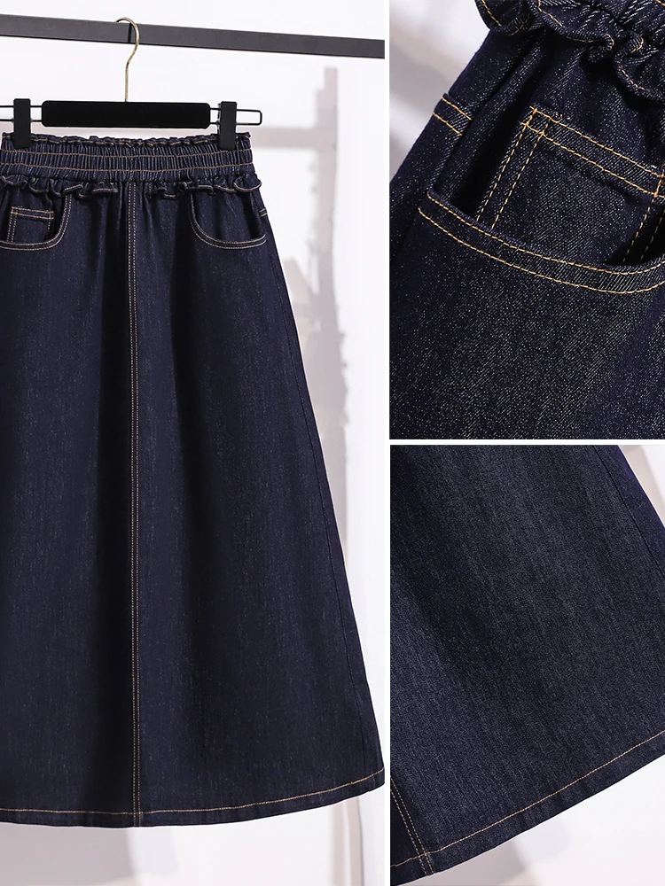 Slimming A-Line Long Jeans Skirt Elastic Waist Euro Style Half-length Skirts for plus Size Women Autumn Collection
