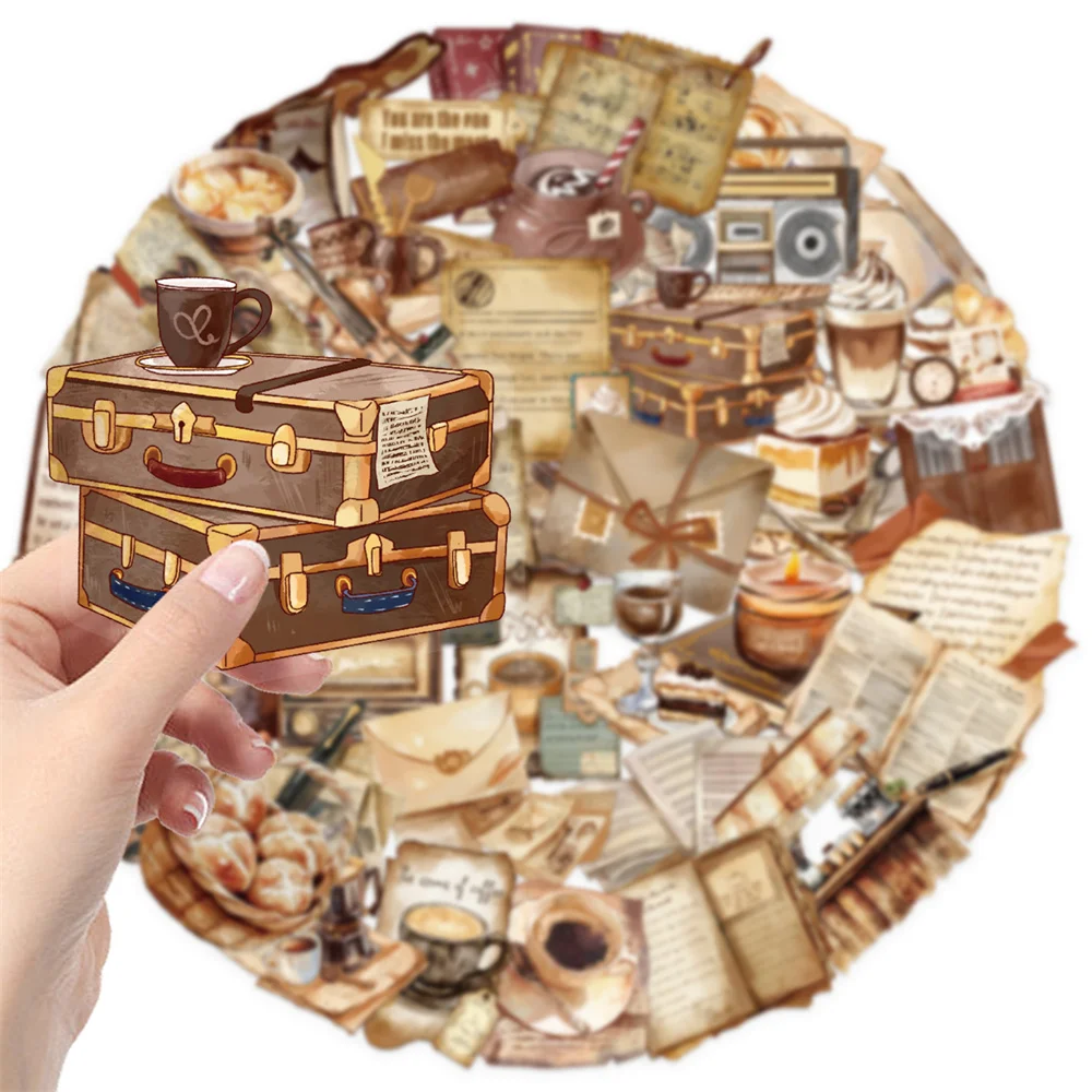 50pcs Cartoon Waterproof Transparent PET Retro Vintage Cafe Coffee Sticker Phone Accounting Material DIY Stickers