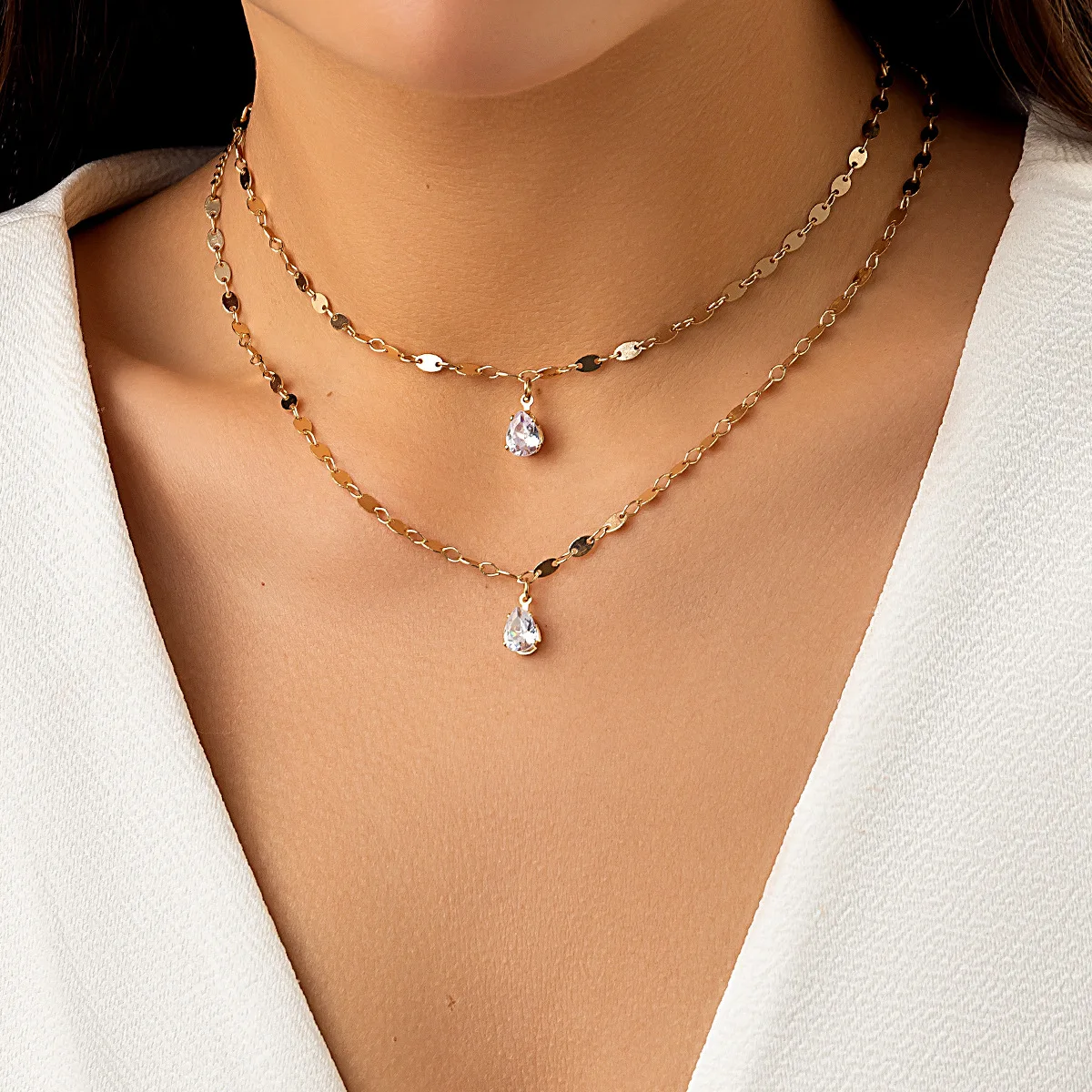 Necklace Double Layer Metal Bar Micro Pave Heart Pendant Slim Water Drop Chain Chic Night Club Prom Jewelry Women Gunmetal