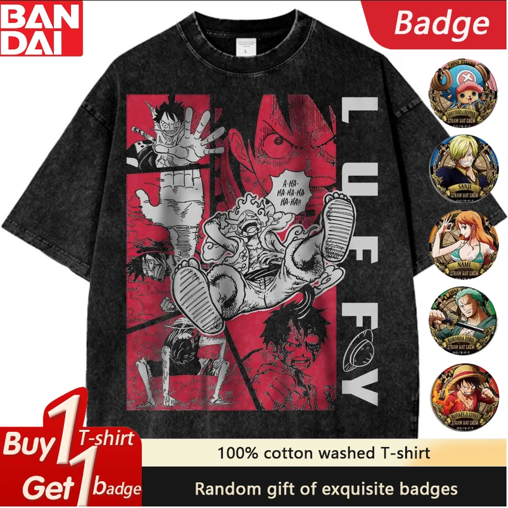 

Anime One Peice Luffy Zero Oversized Men's T-shirts Summer Y2k Clothes Vintage Washed Short Sleeved Tee Casual Streetwear Tops