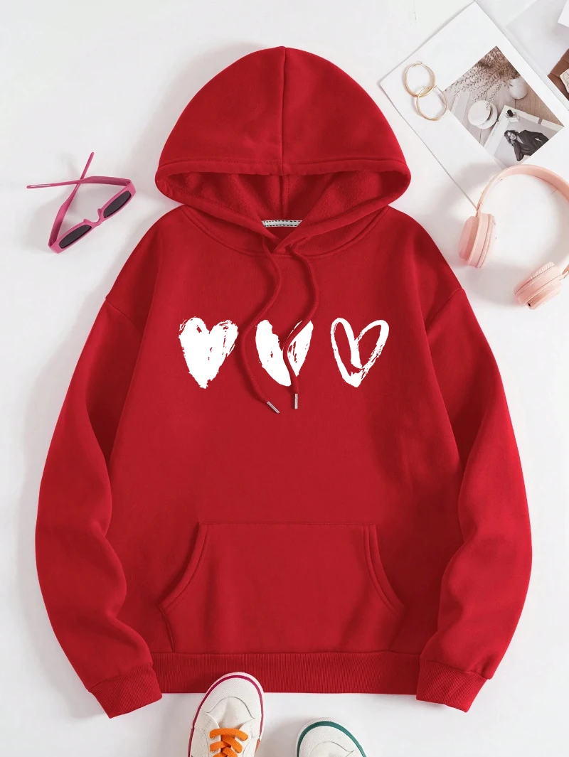 Simple Love Hoodie Women Heart Graphic Printing Sweatshirt Loose Fleece Warm Pocket Pullover Winter Comfortable Woman Clothes